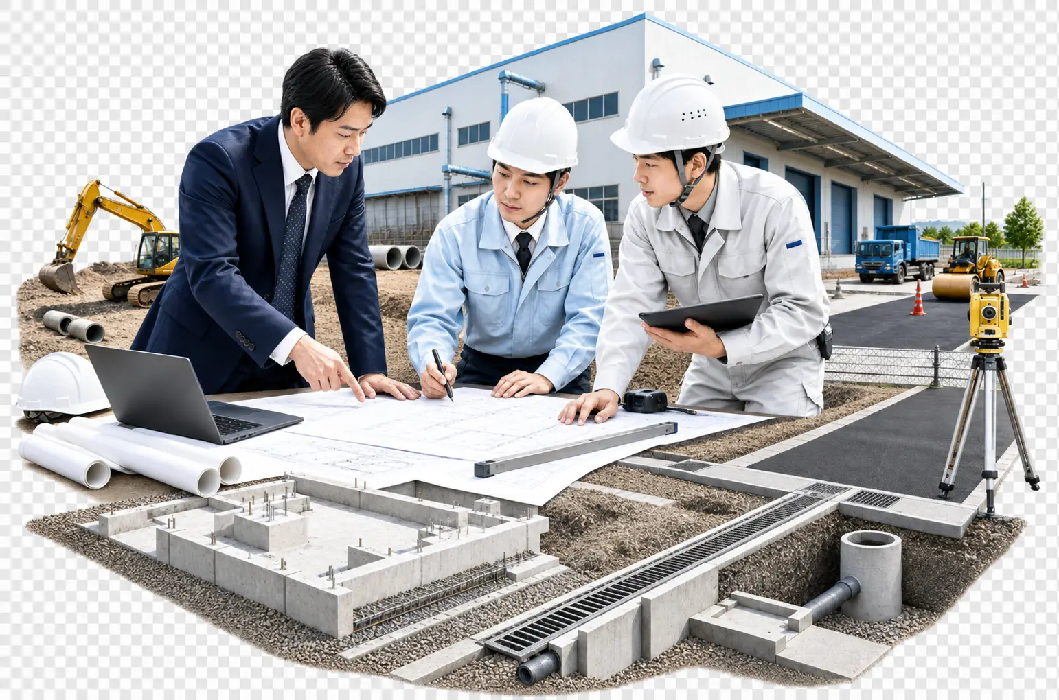 法人担当者と建築・土木技術者による工事計画の打合せイメージ