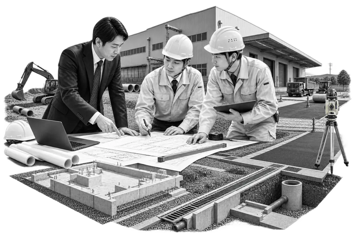 法人担当者と建築・土木技術者による工事計画の打合せイメージ
